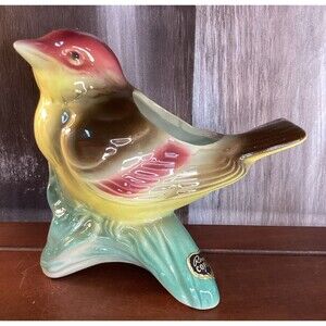 ROYAL COPLEY Bird Planter WREN/SPARROW Sitting On Branch Original Sticker Nice!